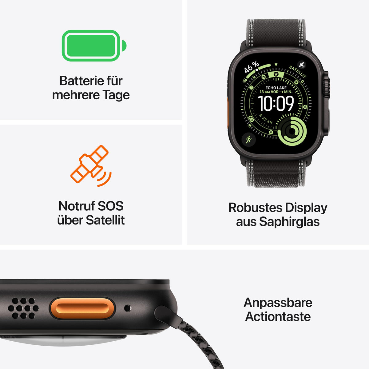 Apple Watch Ultra 3 GPS + Cellular 49 mm Premium Smartwatch für Lauftraining und Kombinationssport mit robustem Titangehäuse in Schwarz und Trail Loop in Schwarz/Kohlegrau (M/L)