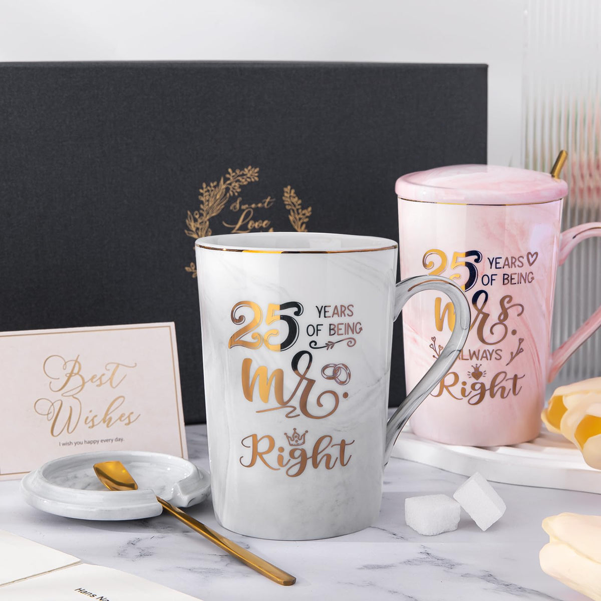 Hochzeitsgeschenke für Brautpaar, Mr und Mrs Geschenk für Braut und Bräutigam, Geschenk Hochzeit, Jubiläumsgeschenk, Kaffeetassen Tassen Set Keramik Marmor 14 Oz für Hochzeit, Verlobungen