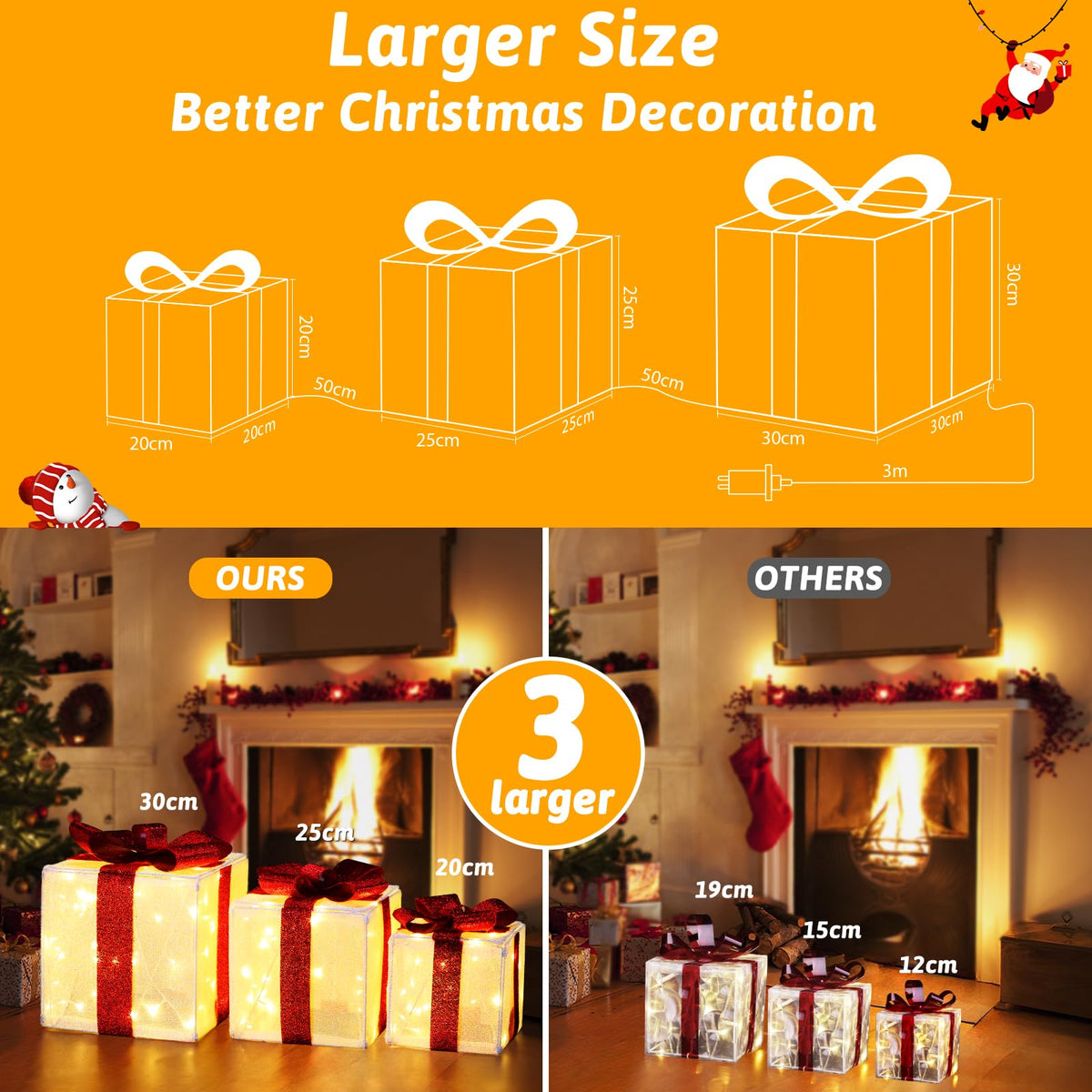 Quntis 3 Set LED Geschenkbox Weihnachtsdeko Innen Aussen 60 warmweiße LEDs