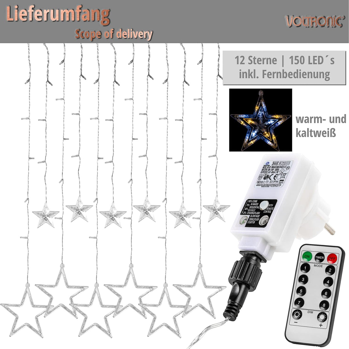 VOLTRONIC LED-Lichtvorhang, für den Innen- und Außenbereich, IP44, Modell und Farbe nach Wahl, Fernsteuerung