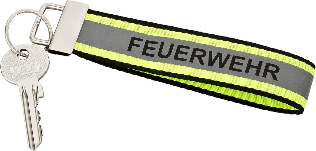 PACOTEX FEUERWEHR Schlüsselanhänger 140x30mm schwarz mit gelb silber gelb Optik, reflektierendem Streifen und Schlüsselring