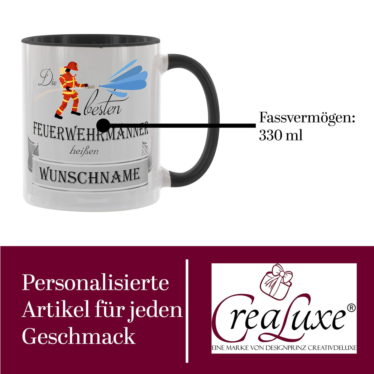 Crealuxe Edelstahltasse mit Karabiner - Die besten Feuerwehrmänner heißen Wunschname - 330ml, Tasse personalisiert, Kaffeetasse, Bürotasse, Metalltasse mit Name