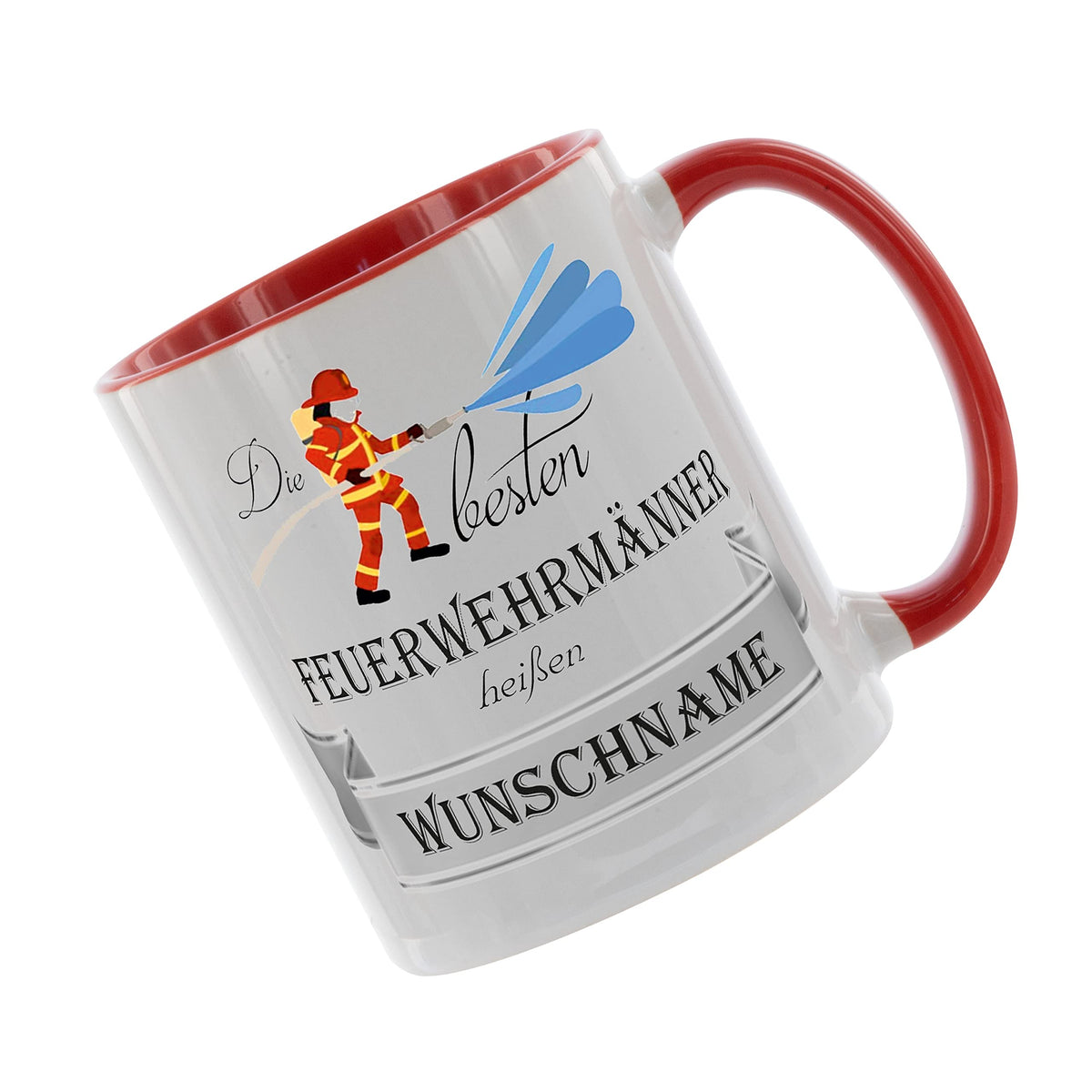 Crealuxe Edelstahltasse mit Karabiner - Die besten Feuerwehrmänner heißen Wunschname - 330ml, Tasse personalisiert, Kaffeetasse, Bürotasse, Metalltasse mit Name