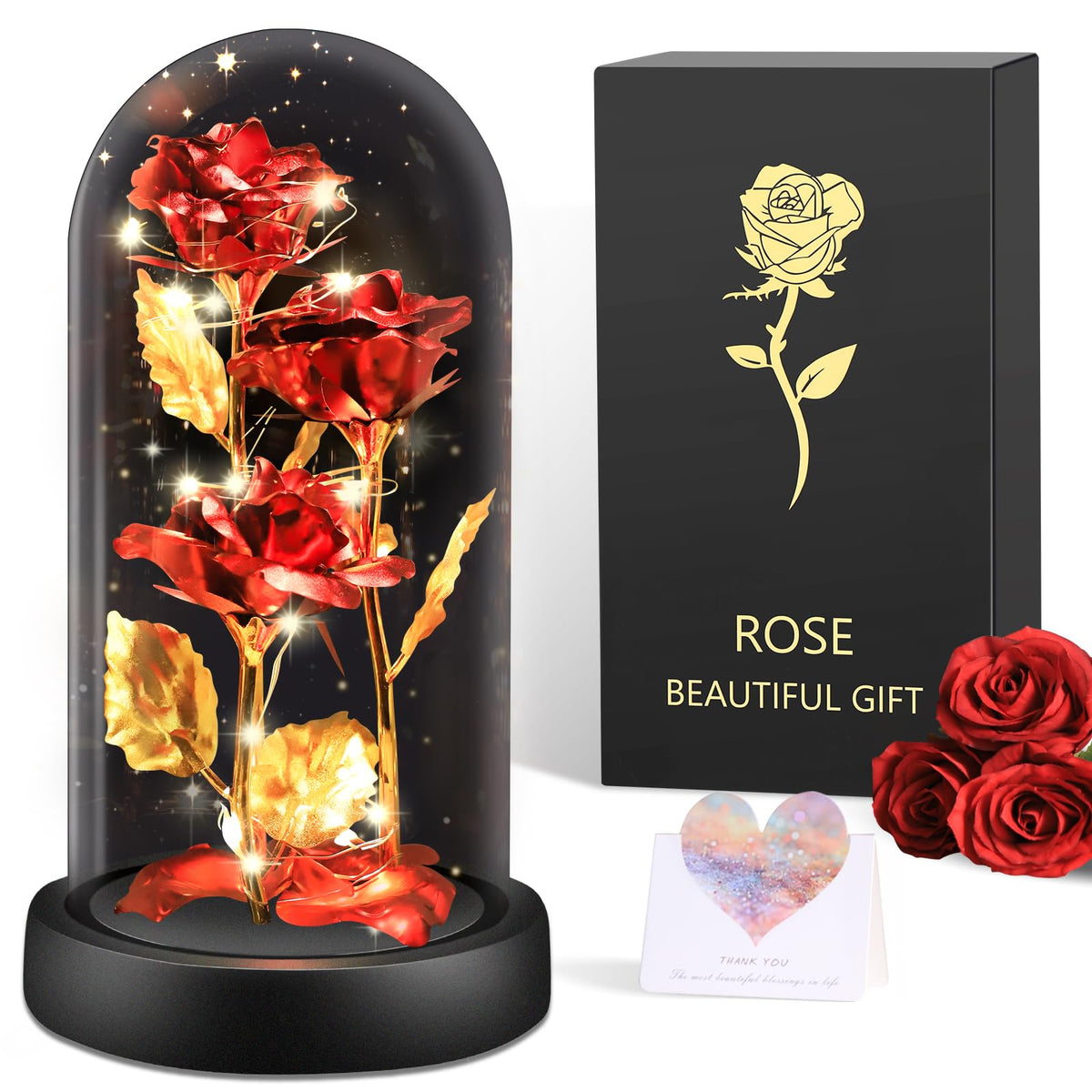 BOLEi Geschenke für Frauen,Ewige Rose im Glas mit LED(Klassisch Rot Rose)