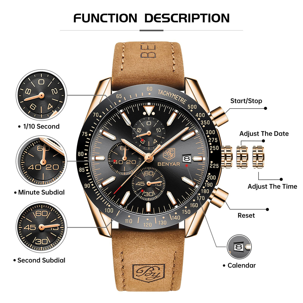 BENYAR Uhren Herren Analog Quarz Chronograph Herrenuhren Wasserdicht Datum Lederband Armbanduhr Lässig Business-Kleid fur Männer Klassische Elegantes Geschenk