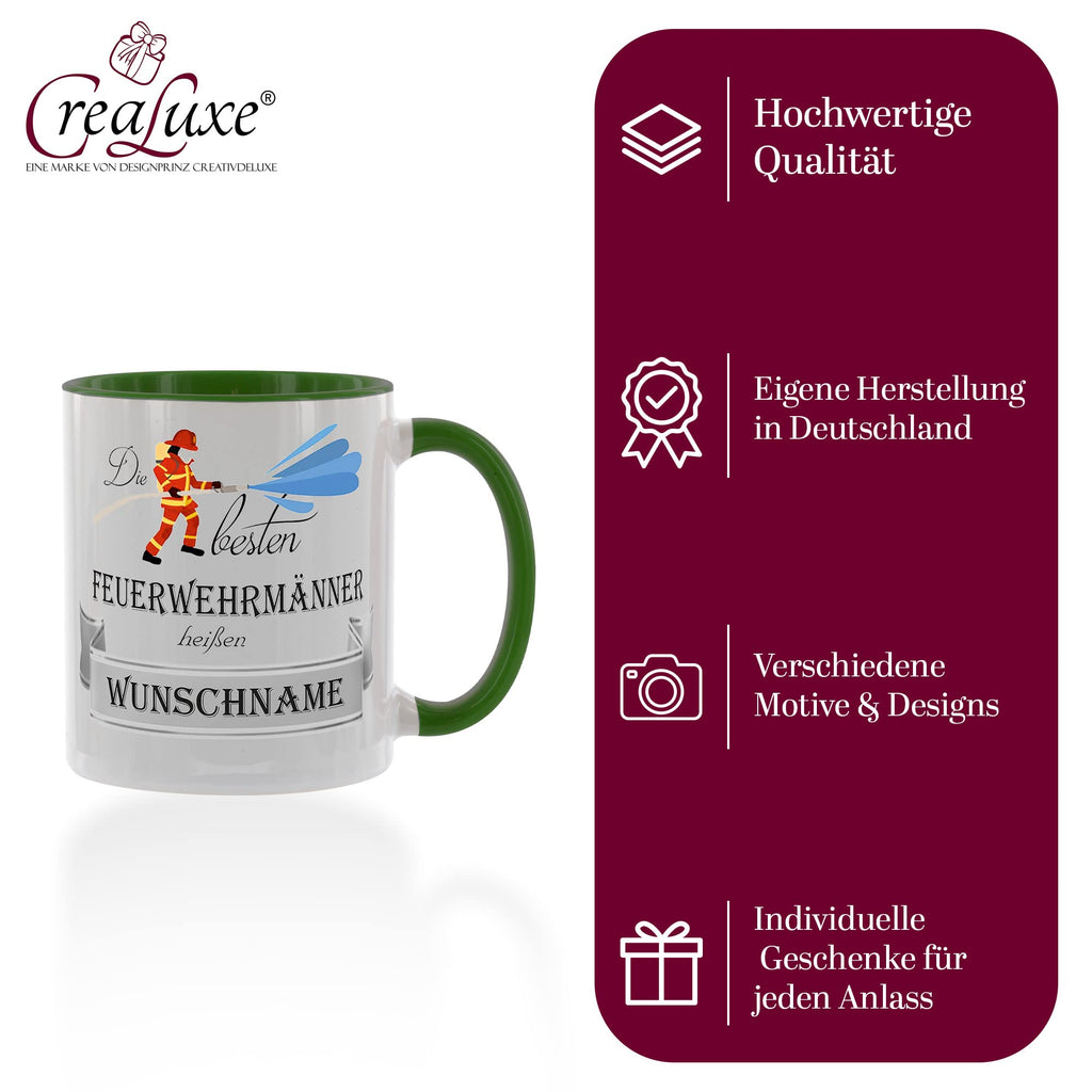 Crealuxe Edelstahltasse mit Karabiner - Die besten Feuerwehrmänner heißen Wunschname - 330ml, Tasse personalisiert, Kaffeetasse, Bürotasse, Metalltasse mit Name