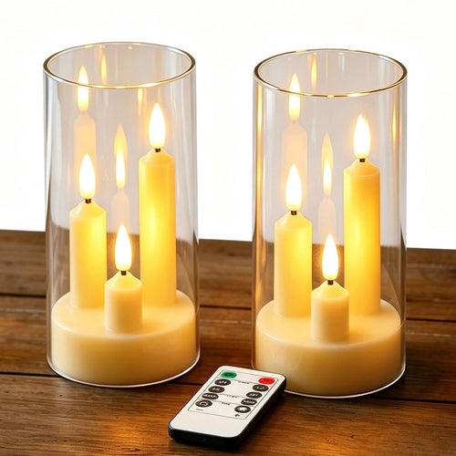 2 Stück 3-Kern LED-Stabkerzen, Graue Transparente Acryl-Gehäuse Flammenlose Kerzen mit Fernbedienung, Realistischer Flammeneffekt, Batteriebetrieben für Heim-, Hochzeits- und Weihnachtsdekoration