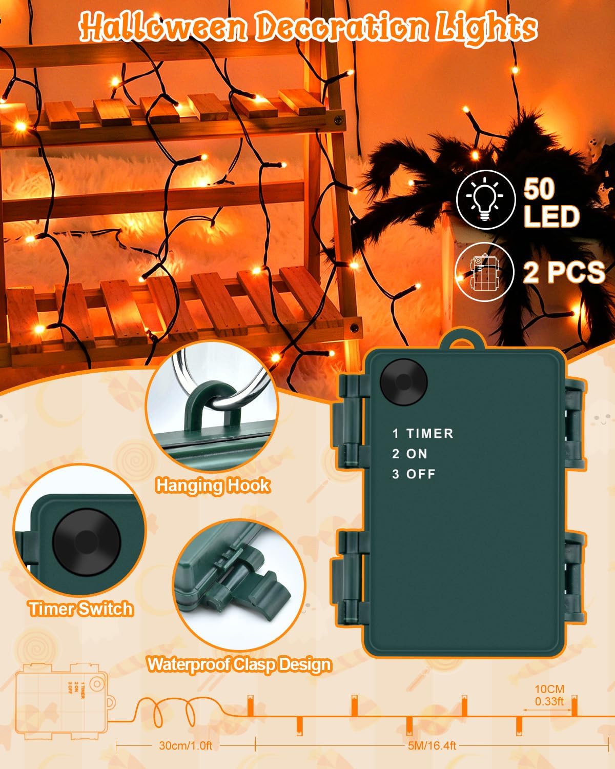 Dalugo 2 Stück Lichterkette Orange, 5M 50 LED Kabel grün mit 6h Timer, IP65 Wasserdicht Batterie für Innen außen dekorationen