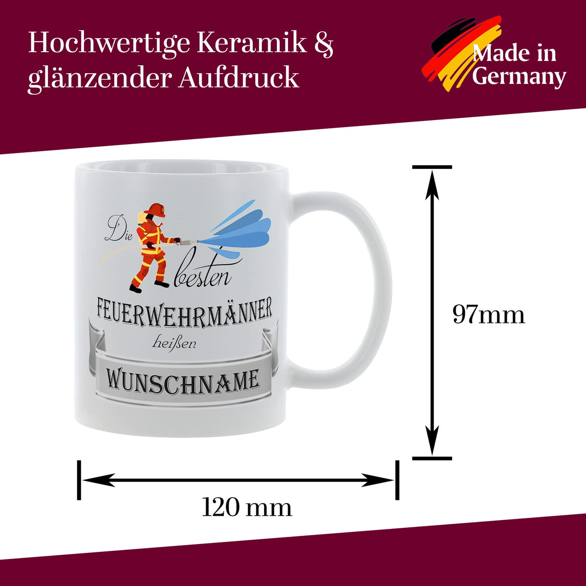 Crealuxe Edelstahltasse mit Karabiner - Die besten Feuerwehrmänner heißen Wunschname - 330ml, Tasse personalisiert, Kaffeetasse, Bürotasse, Metalltasse mit Name