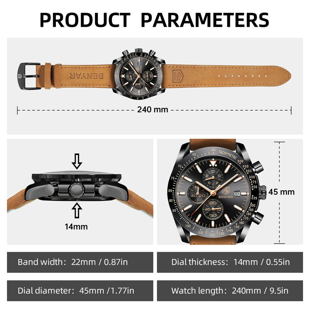 BENYAR Uhren Herren Analog Quarz Chronograph Herrenuhren Wasserdicht Datum Lederband Armbanduhr Lässig Business-Kleid fur Männer Klassische Elegantes Geschenk