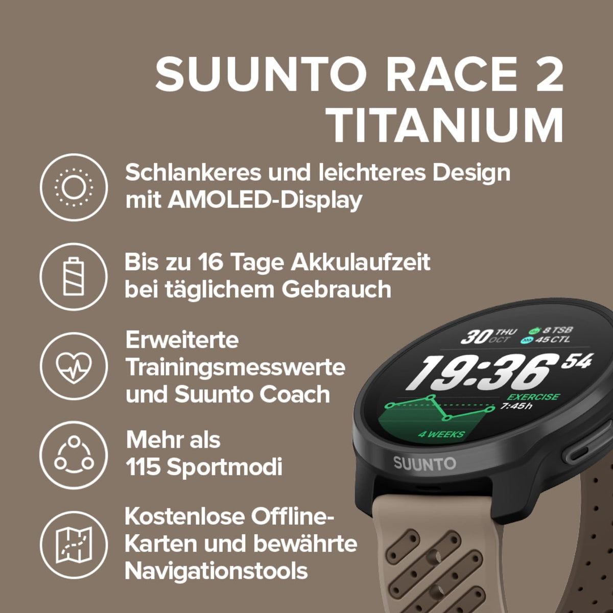 SUUNTO Race 2 GPS-Sportuhr, 1,5-Zoll-AMOLED-Display, 115+ Sportmodi