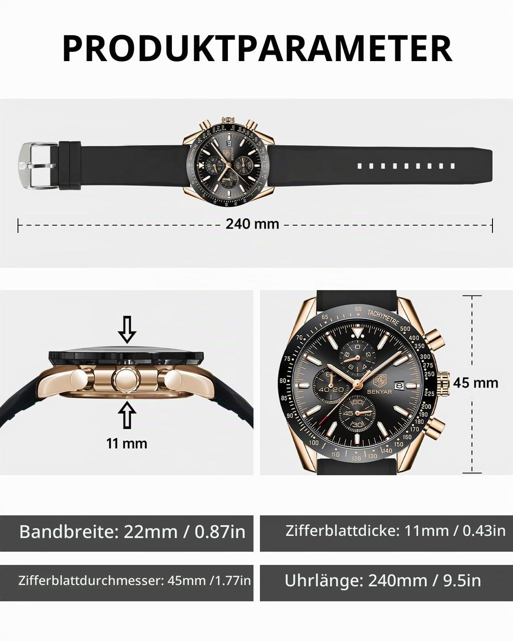 BENYAR Uhren Herren Analog Quarz Chronograph Herrenuhren Wasserdicht Datum Lederband Armbanduhr Lässig Business-Kleid fur Männer Klassische Elegantes Geschenk