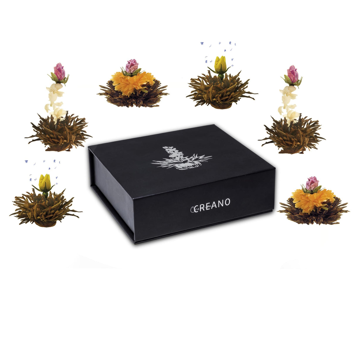 Creano 6 Teeblumen Geschenkbox weißer, schwarzer & grüner Tee in edler Magnetbox mit Silberprägung - 6 verschiedene Sorten - Geschenk zu Weihnachten