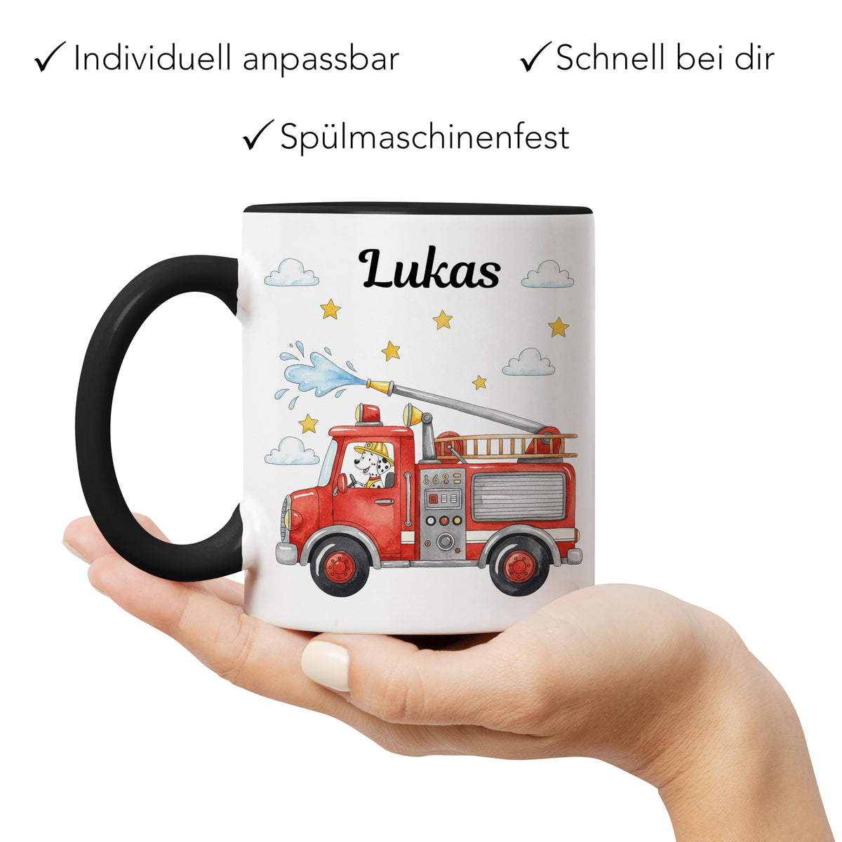 Kiddle-Design Feuerwehr Tasse Kinder Personalisiert mit Name - Kinderbecher für Kindergarten, Kita - Kindertasse mit Feuerwehrauto und Feuerwehrmann als Trinkbecher, Zahnputzbecher - Tasse Schwarz
