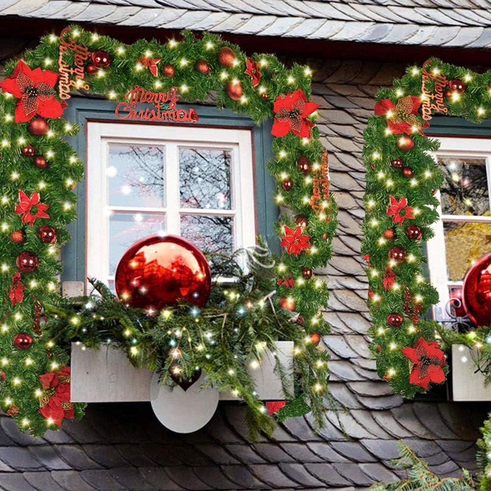 Queta Tannengirlande, Weihnachtsdekoration, Girlande mit Kugeln, Blumenkranz, Kugel mit LED-Licht, für Eingangstür, 270 cm (rot)