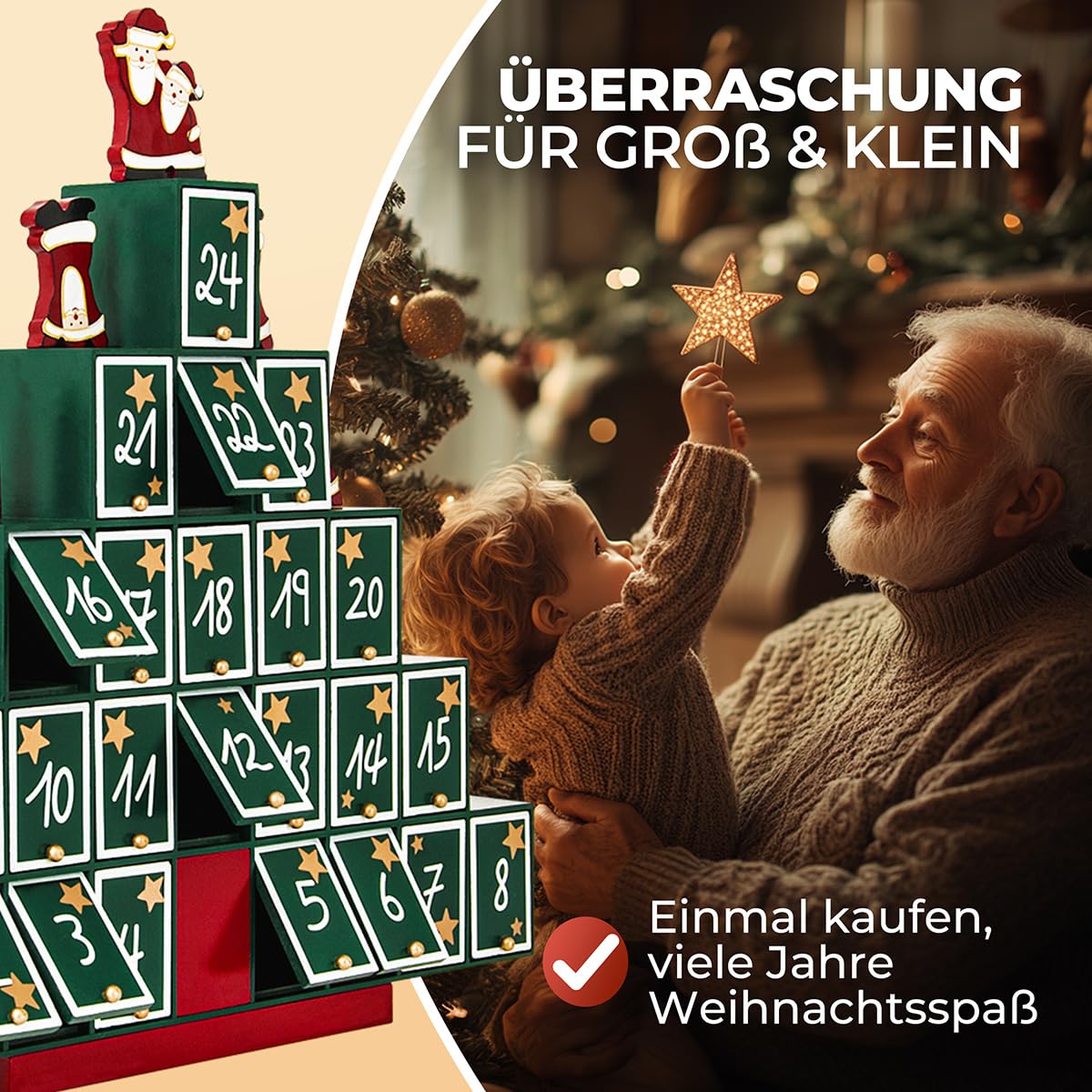 SPIELWERK® Adventskalender Winterlandschaft zum Befüllen wiederverwendbar 24 Türchen Bunt Bemalt Weihnachten Kinder DIY weihnachtliche Holz Dekoration