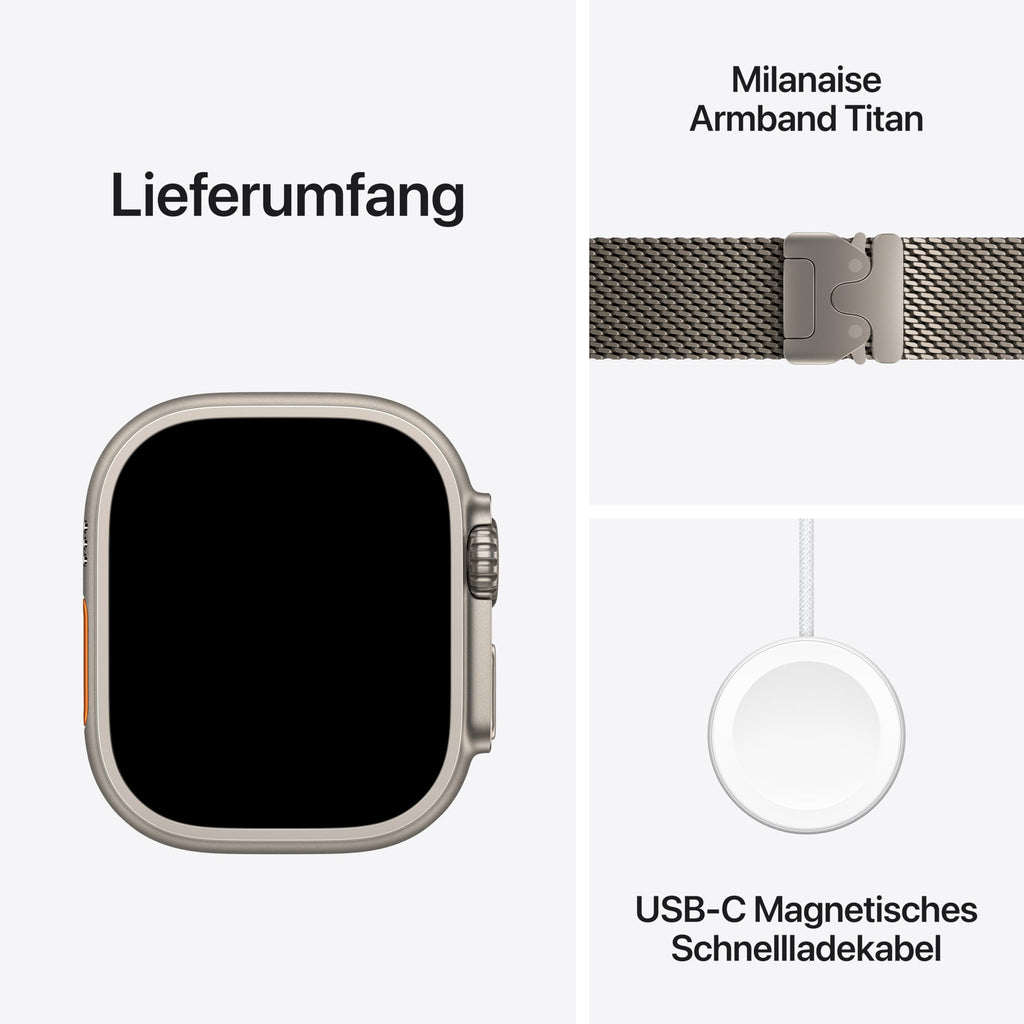 Apple Watch Ultra 3 GPS + Cellular 49 mm Premium Smartwatch für Lauftraining und Kombinationssport mit robustem Titangehäuse in Schwarz und Trail Loop in Schwarz/Kohlegrau (M/L)