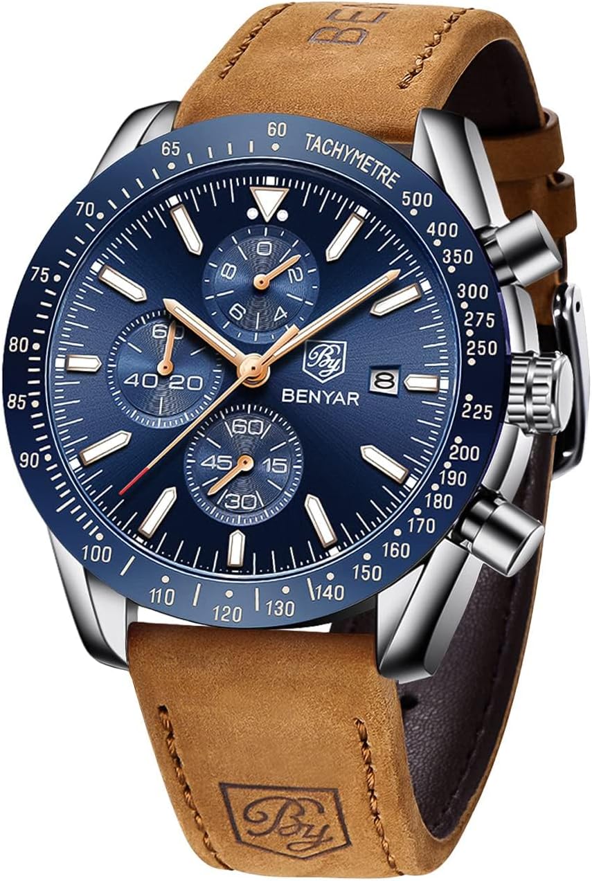 BENYAR Uhren Herren Analog Quarz Chronograph Herrenuhren Wasserdicht Datum Lederband Armbanduhr Lässig Business-Kleid fur Männer Klassische Elegantes Geschenk
