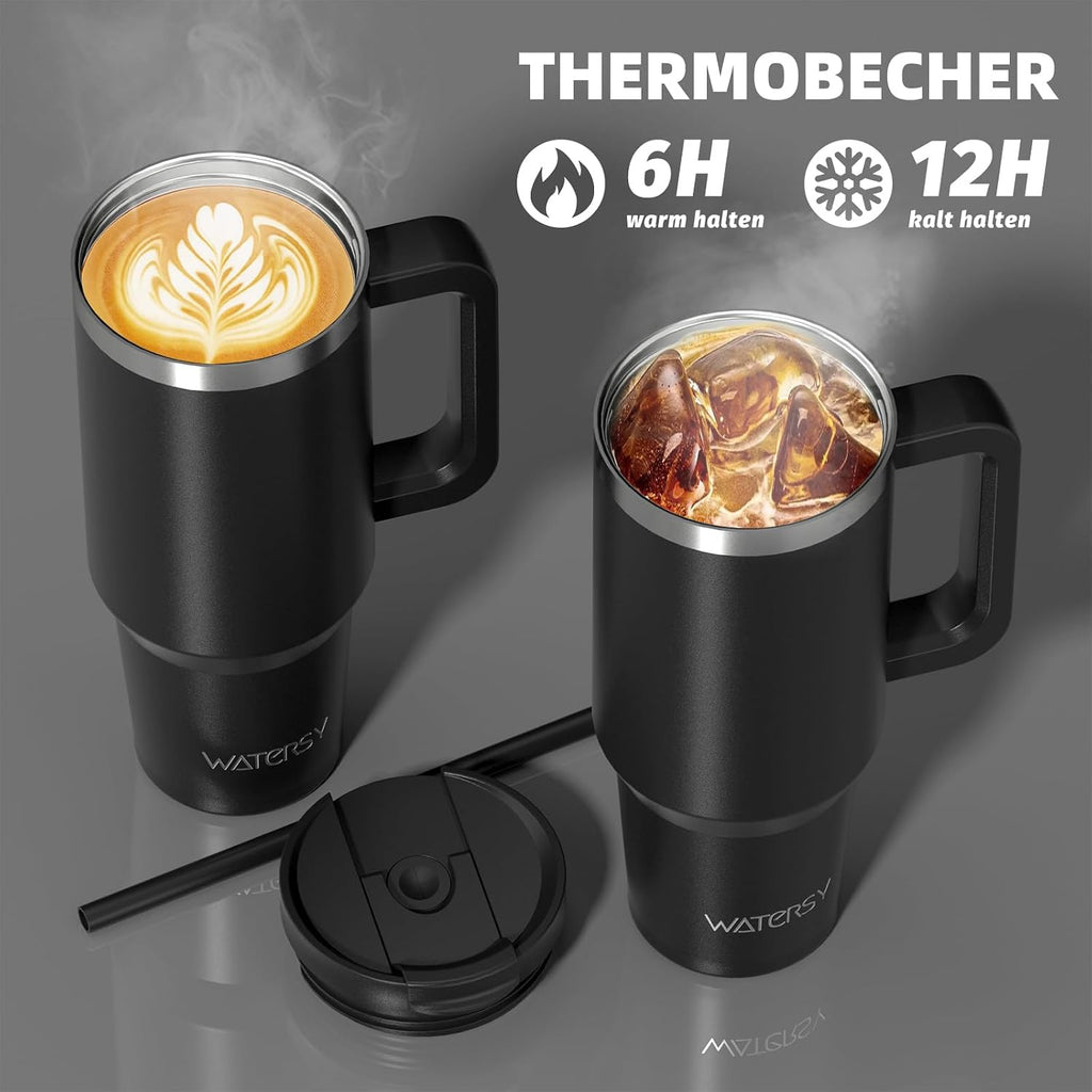WATERSY 1.2L Thermobecher mit 2 Strohhalmen, Trinkbecher Auslaufsicherer Kaffeebecher To Go Vakuum-Isoliert mit BPA frei Schraubdeckel, Trinkflasche Kühlt 12 Stunden,Tiefseelndigo