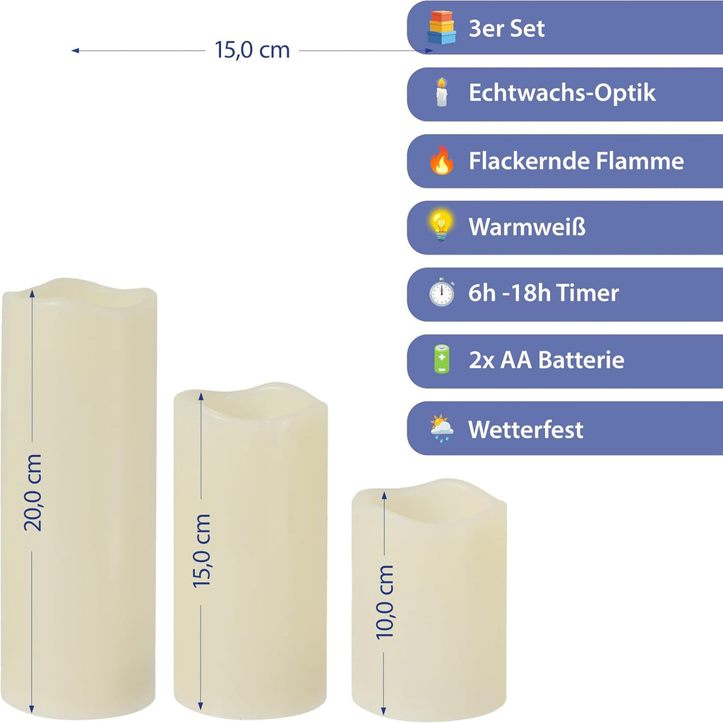 3er Set LED Kerzen Echtwachs-Optik Outdoor | 3 Größen Kunststoff elfenbein | Flackerfunktion warmweiß inkl. 5h Timer batteriebetrieben