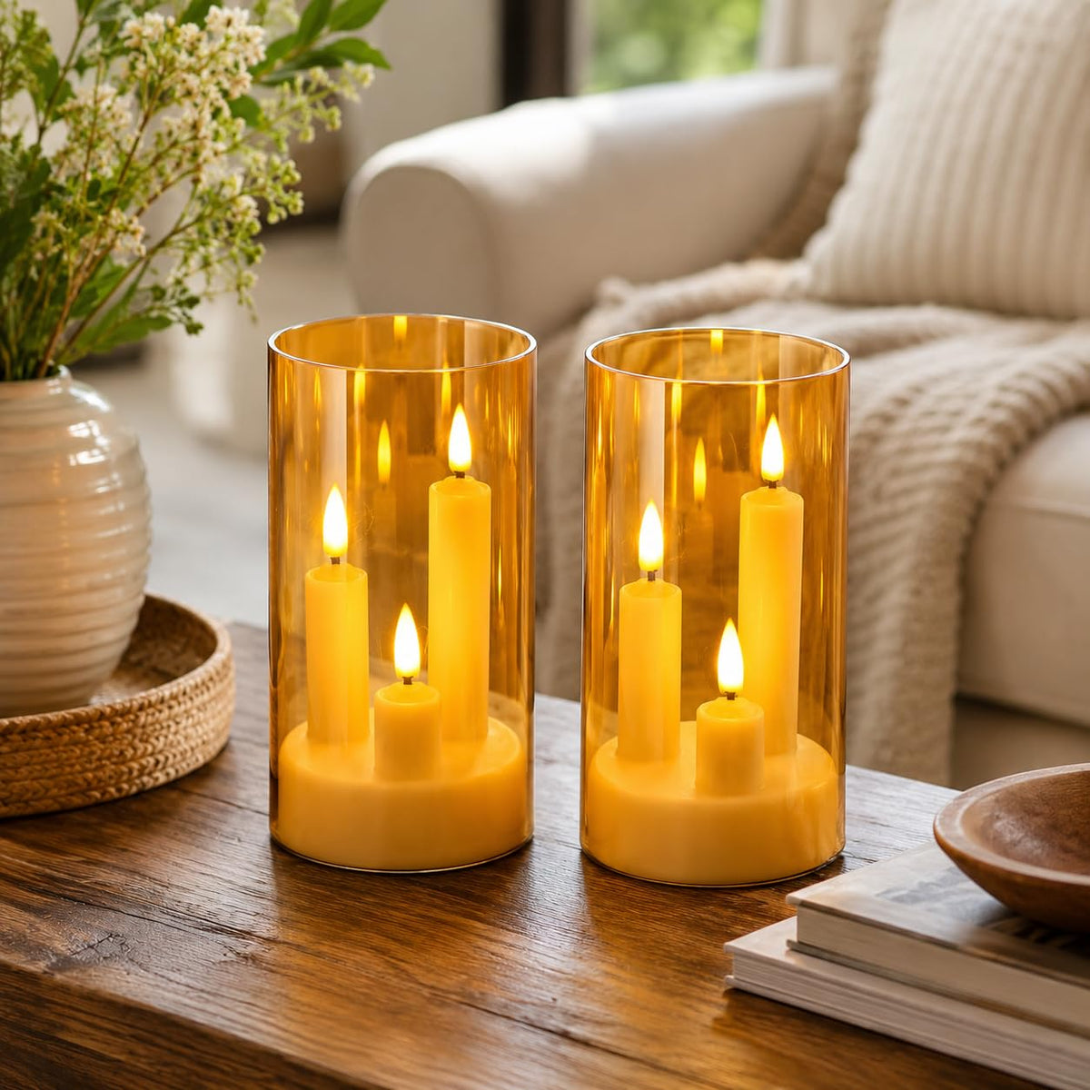 2 Stück 3-Kern LED-Stabkerzen, Graue Transparente Acryl-Gehäuse Flammenlose Kerzen mit Fernbedienung, Realistischer Flammeneffekt, Batteriebetrieben für Heim-, Hochzeits- und Weihnachtsdekoration