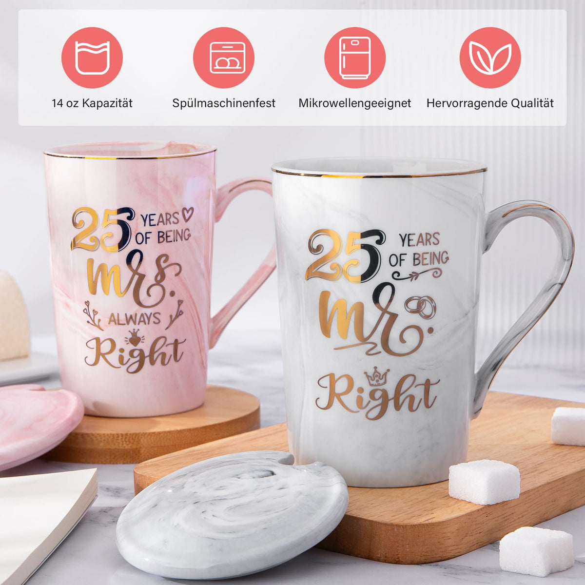 Hochzeitsgeschenke für Brautpaar, Mr und Mrs Geschenk für Braut und Bräutigam, Geschenk Hochzeit, Jubiläumsgeschenk, Kaffeetassen Tassen Set Keramik Marmor 14 Oz für Hochzeit, Verlobungen