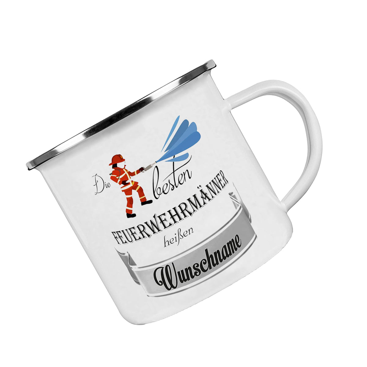 Crealuxe Edelstahltasse mit Karabiner - Die besten Feuerwehrmänner heißen Wunschname - 330ml, Tasse personalisiert, Kaffeetasse, Bürotasse, Metalltasse mit Name