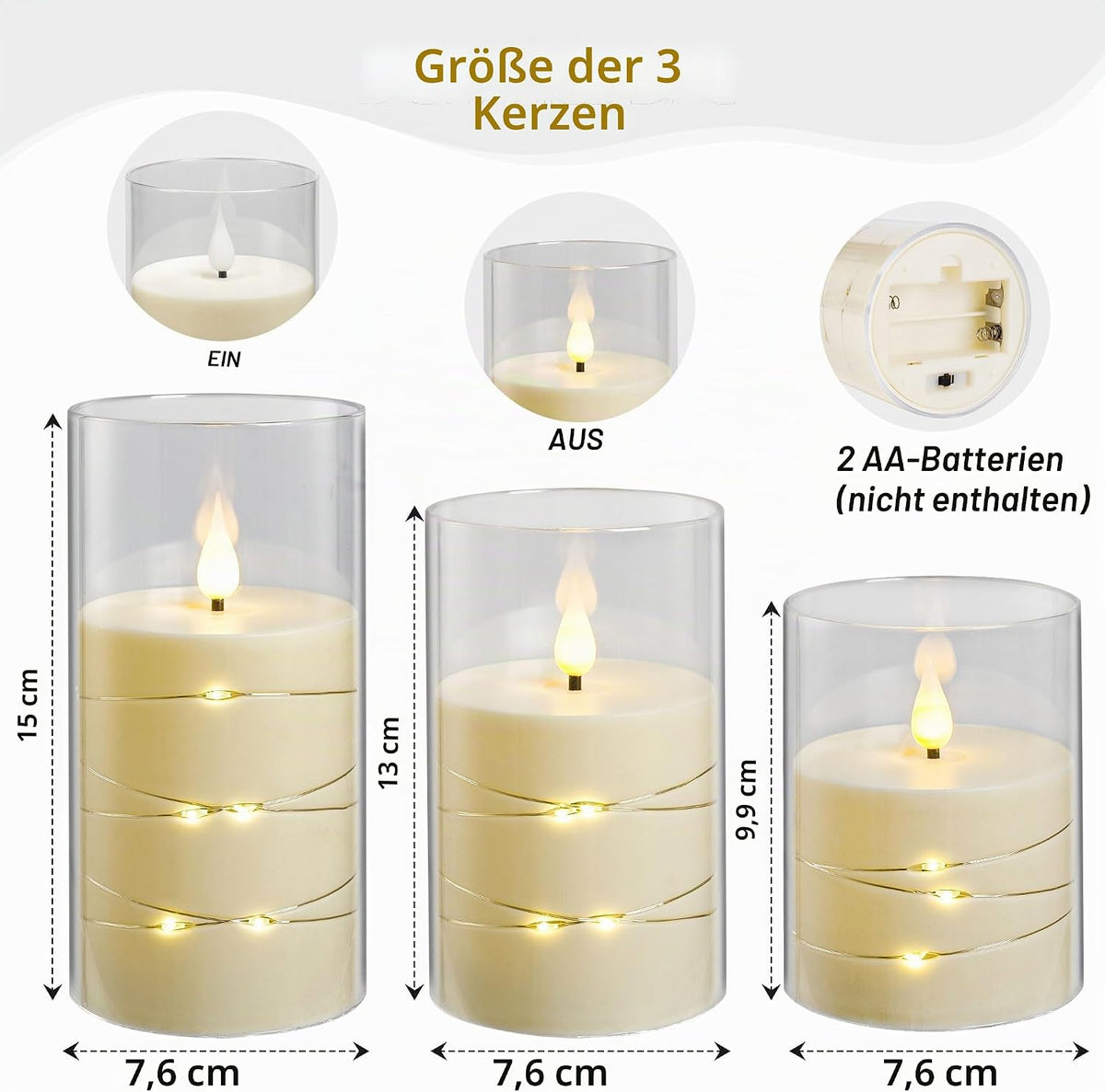 Da by 5 Stück Graue LED Kerzen mit Feenlichtkette, Schwarzer Flackerflamme, Graue Glasabdeckung, Batteriebetrieben mit Fernbedienung, Wetterfest für Innen- & Außendekoration