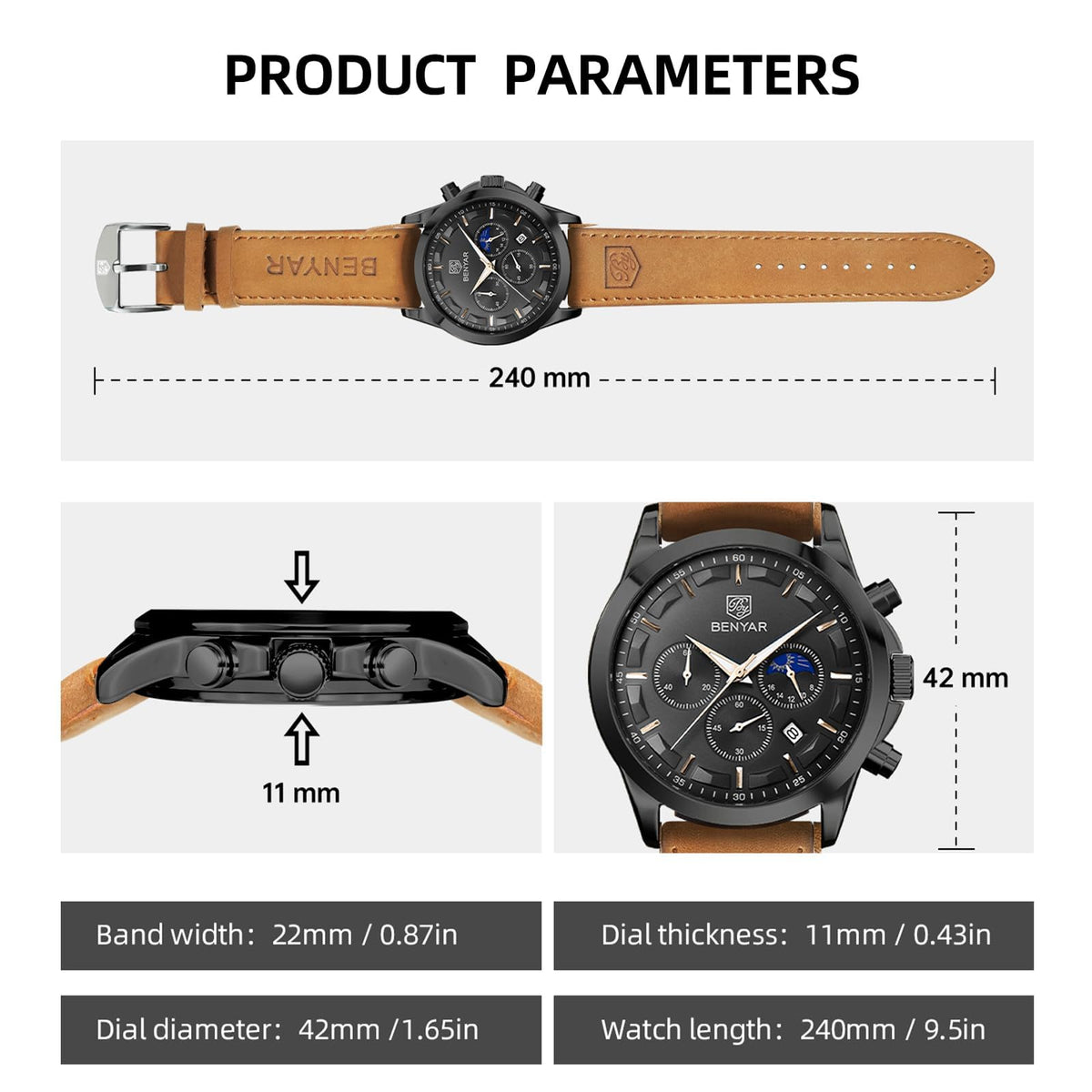 BENYAR BY Uhren Herren Chronograph Analog Quarz Wasserdicht Datum Armbanduhr Herren Mode Business-Kleid Herrenuhr Elegantes Geschenk fur Männer