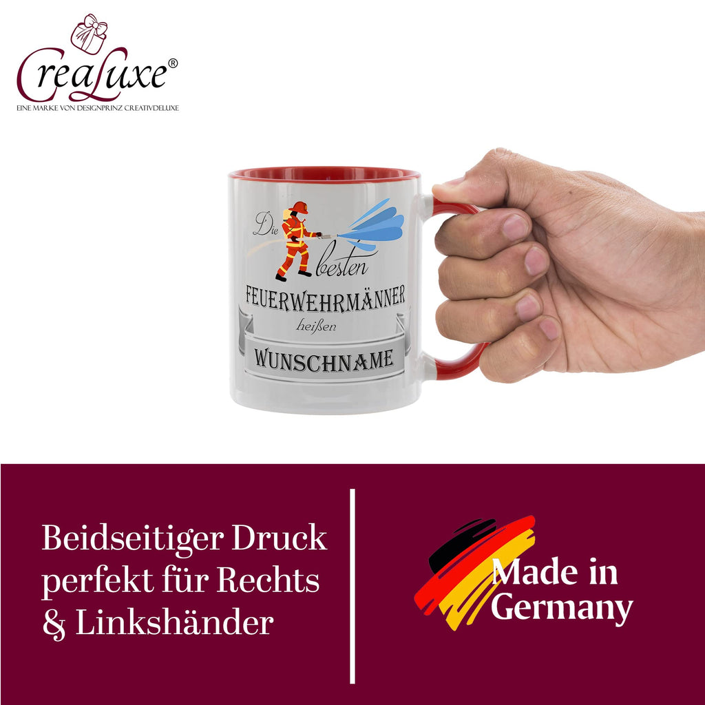 Crealuxe Edelstahltasse mit Karabiner - Die besten Feuerwehrmänner heißen Wunschname - 330ml, Tasse personalisiert, Kaffeetasse, Bürotasse, Metalltasse mit Name