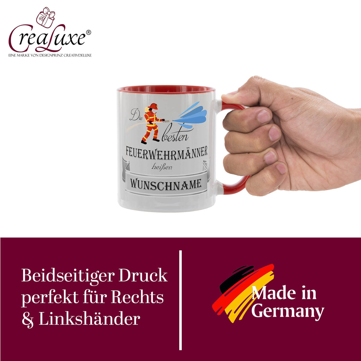 Crealuxe Edelstahltasse mit Karabiner - Die besten Feuerwehrmänner heißen Wunschname - 330ml, Tasse personalisiert, Kaffeetasse, Bürotasse, Metalltasse mit Name