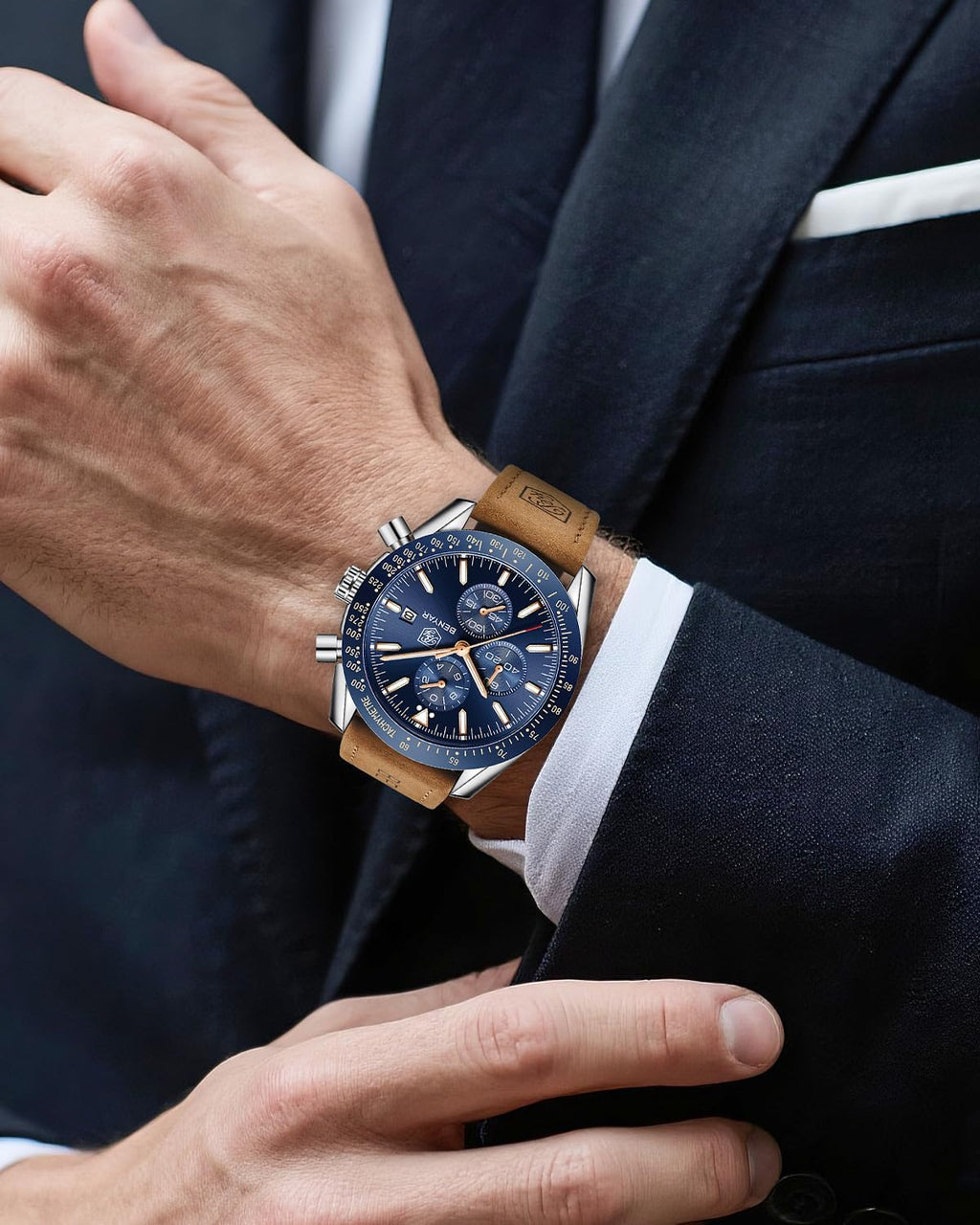 BENYAR Uhren Herren Analog Quarz Chronograph Herrenuhren Wasserdicht Datum Lederband Armbanduhr Lässig Business-Kleid fur Männer Klassische Elegantes Geschenk
