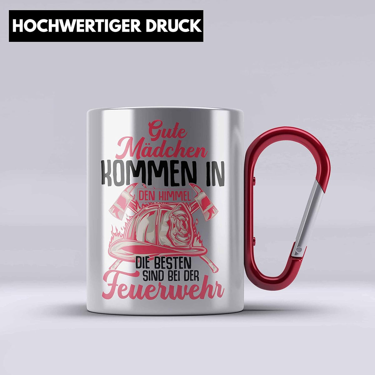 Trendation - Feuerwehr Frau Edelstahl Tasse Karabiner Geschenk Frauen Feuerwehrfrauen Spruch Geschenkidee (Rot)