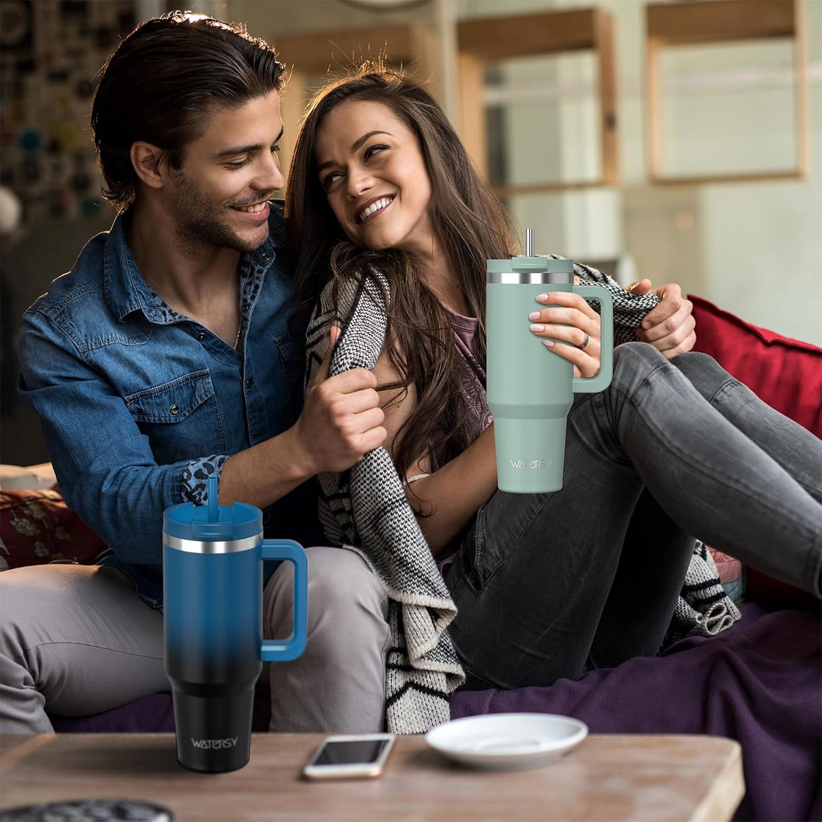 WATERSY 1.2L Thermobecher mit 2 Strohhalmen, Trinkbecher Auslaufsicherer Kaffeebecher To Go Vakuum-Isoliert mit BPA frei Schraubdeckel, Trinkflasche Kühlt 12 Stunden,Tiefseelndigo