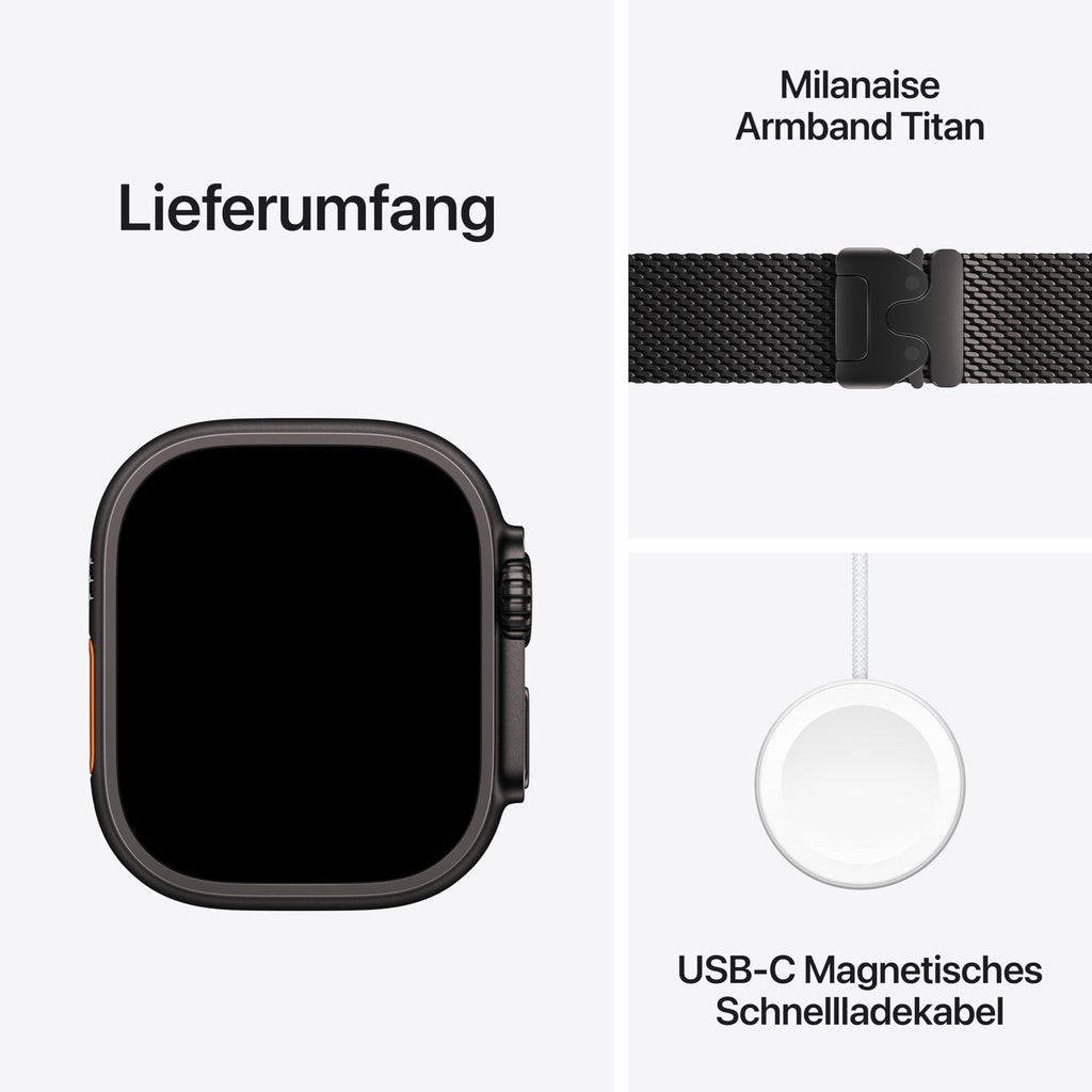 Apple Watch Ultra 3 GPS + Cellular 49 mm Premium Smartwatch für Lauftraining und Kombinationssport mit robustem Titangehäuse in Schwarz und Trail Loop in Schwarz/Kohlegrau (M/L)