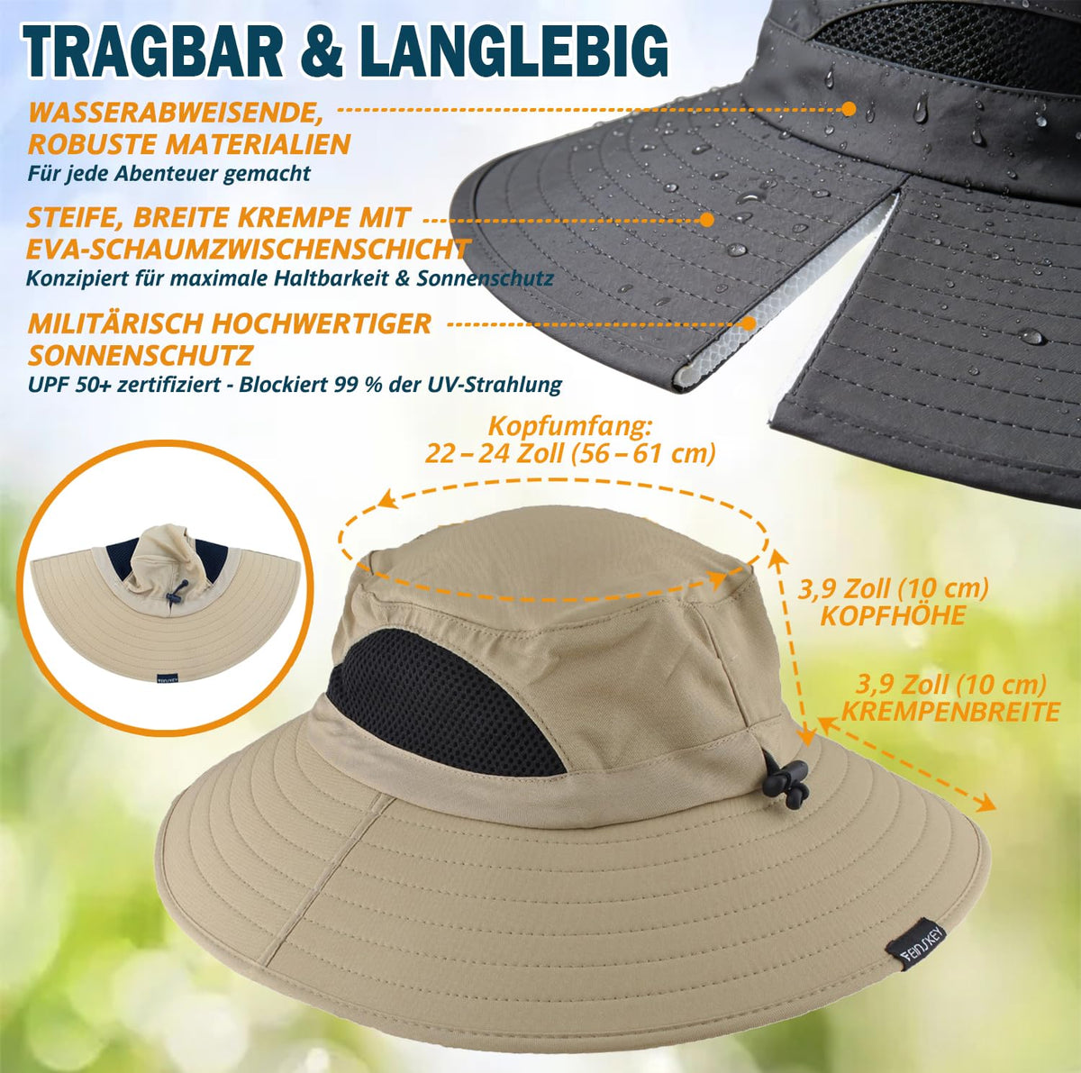 EINSKEY Breitkrempe Sonnenhut, wasserdichter Buschhut für Damen und Herren