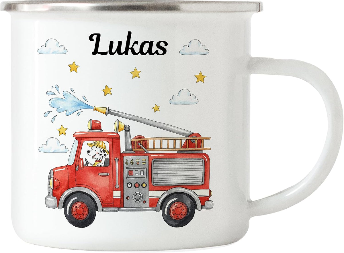 Kiddle-Design Feuerwehr Tasse Kinder Personalisiert mit Name - Kinderbecher für Kindergarten, Kita - Kindertasse mit Feuerwehrauto und Feuerwehrmann als Trinkbecher, Zahnputzbecher - Tasse Schwarz