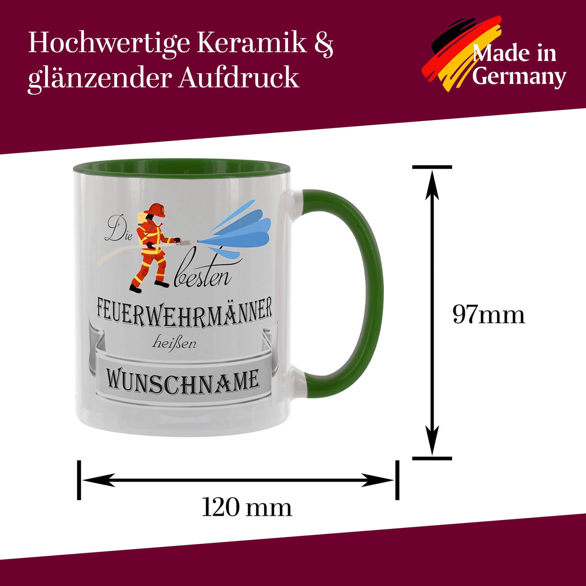 Crealuxe Edelstahltasse mit Karabiner - Die besten Feuerwehrmänner heißen Wunschname - 330ml, Tasse personalisiert, Kaffeetasse, Bürotasse, Metalltasse mit Name