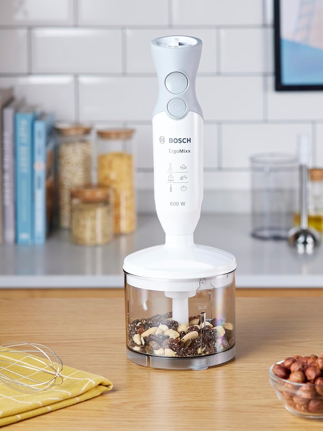 Bosch Stabmixer ErgoMixx, abnehmbarer Mixfuß, mit Mixbecher, 4-Klingen-Messer, Zerkleinerer, ergonomisches Design, 12 Stufen plus Turbo, 600 W, weiß/grau, MSM66020