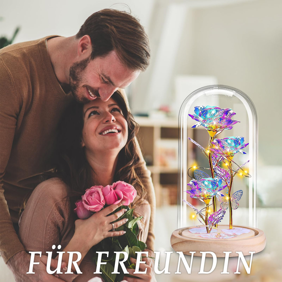 BOLEi Geschenke für Frauen,Ewige Rose im Glas mit LED(Klassisch Rot Rose)