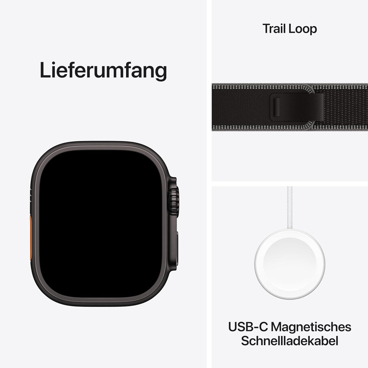 Apple Watch Ultra 3 GPS + Cellular 49 mm Premium Smartwatch für Lauftraining und Kombinationssport mit robustem Titangehäuse in Schwarz und Trail Loop in Schwarz/Kohlegrau (M/L)