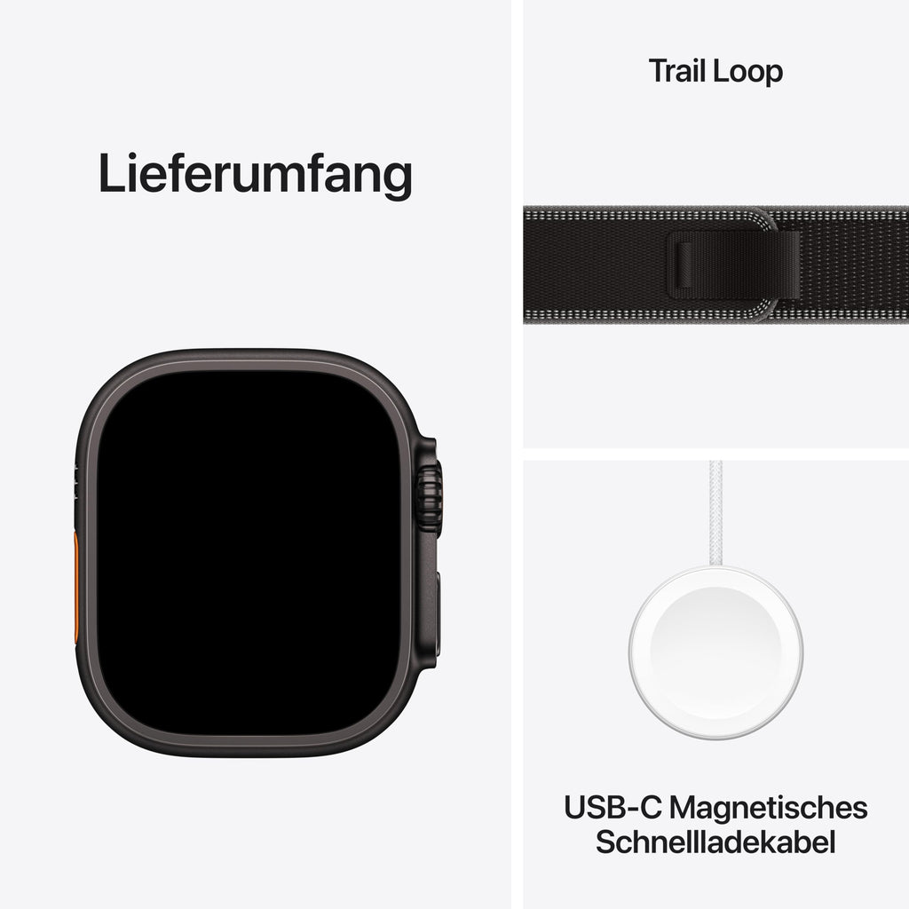Apple Watch Ultra 3 GPS + Cellular 49 mm Premium Smartwatch für Lauftraining und Kombinationssport mit robustem Titangehäuse in Schwarz und Trail Loop in Schwarz/Kohlegrau (M/L)