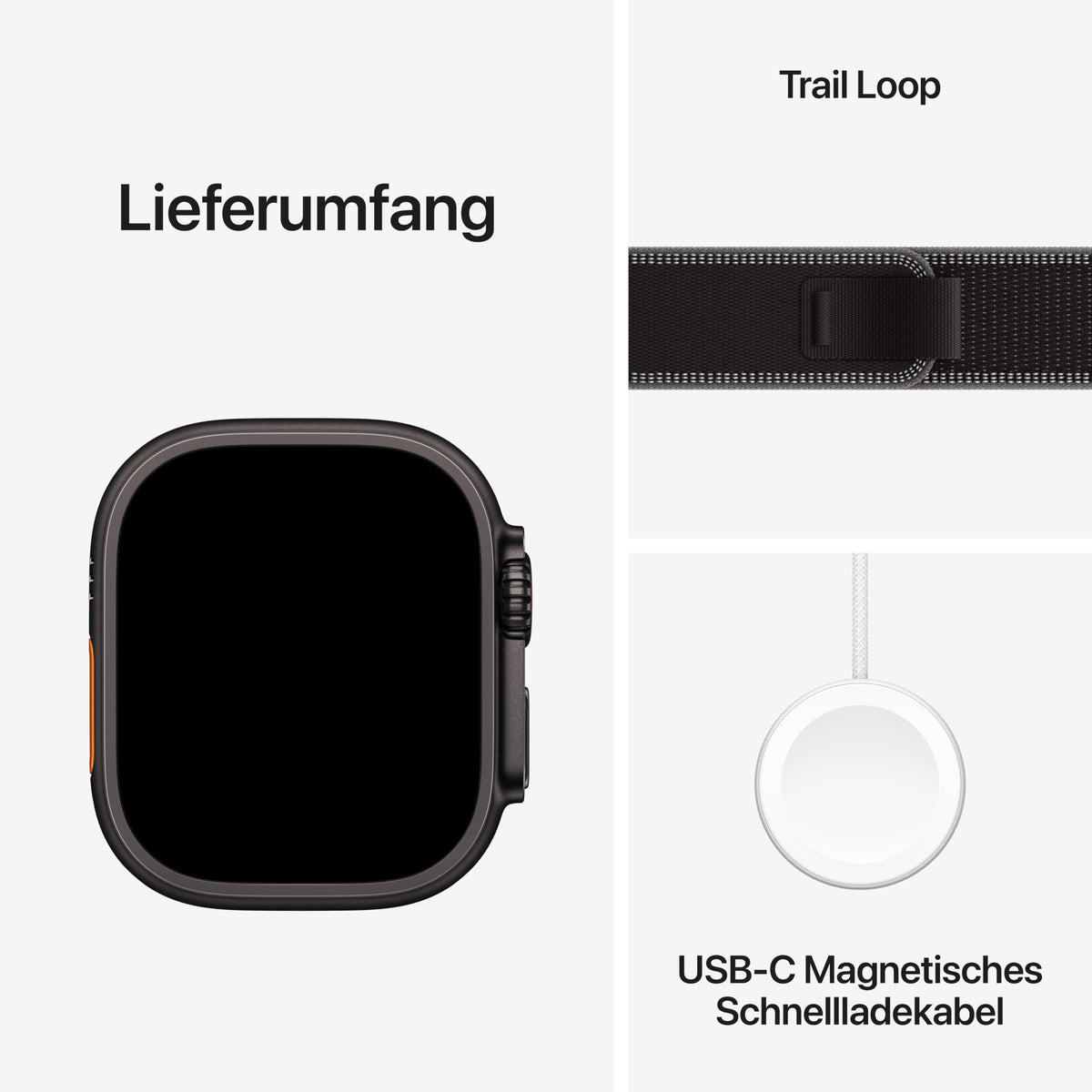 Apple Watch Ultra 3 GPS + Cellular 49 mm Premium Smartwatch für Lauftraining und Kombinationssport mit robustem Titangehäuse in Schwarz und Trail Loop in Schwarz/Kohlegrau (M/L)