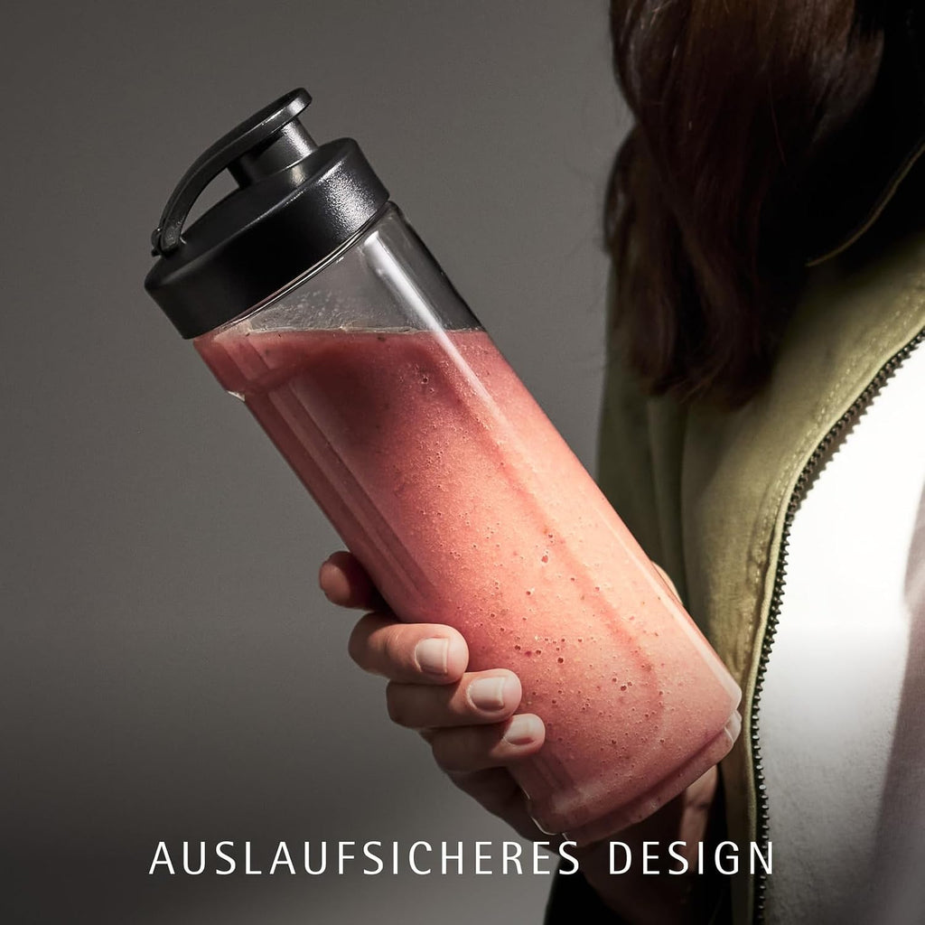 WMF Kult X Mix & Go – Smoothie Maker & Mixer, kompakter Standmixer 300 W mit 0,6 L Tritan-Flasche, 4 Edelstahlklingen, Sicherheitsabschaltung, Shake Mixer aus Cromargan Edelstahl, Deep Black