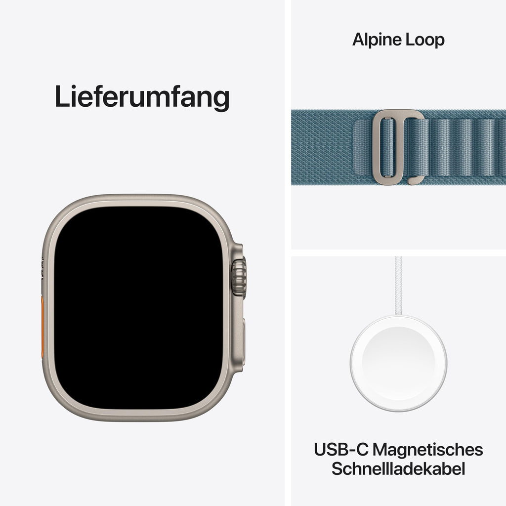 Apple Watch Ultra 3 GPS + Cellular 49 mm Premium Smartwatch für Lauftraining und Kombinationssport mit robustem Titangehäuse in Schwarz und Trail Loop in Schwarz/Kohlegrau (M/L)