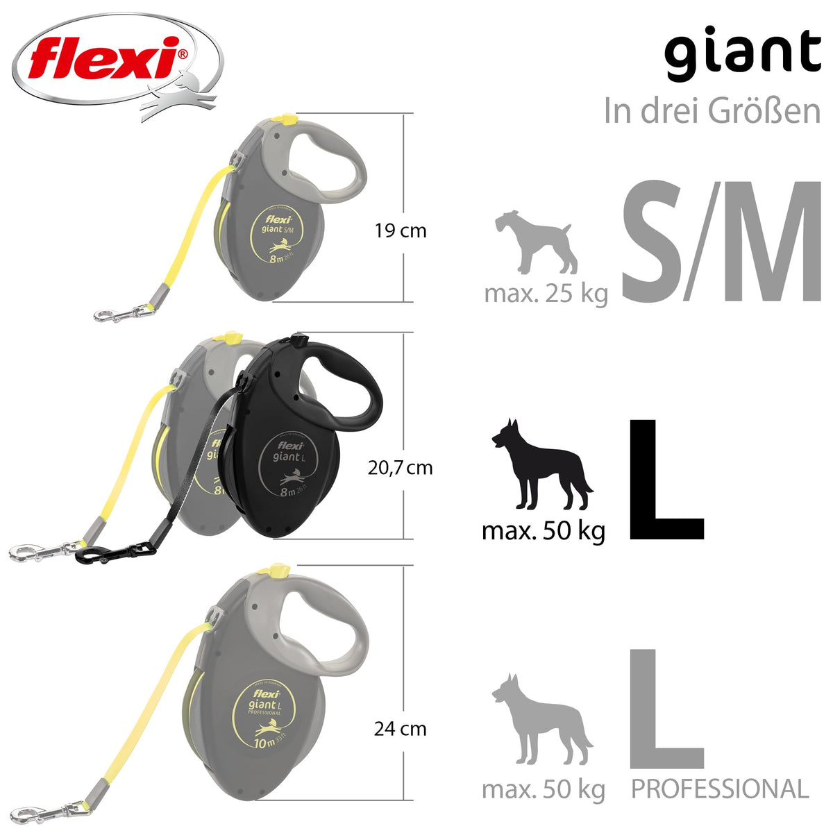 flexi® Giant L Hunde Roll-Leine, 8m Gurt, schwarz/neon-gelb