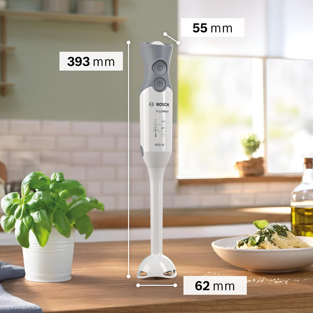 Bosch Stabmixer ErgoMixx, abnehmbarer Mixfuß, mit Mixbecher, 4-Klingen-Messer, Zerkleinerer, ergonomisches Design, 12 Stufen plus Turbo, 600 W, weiß/grau, MSM66020