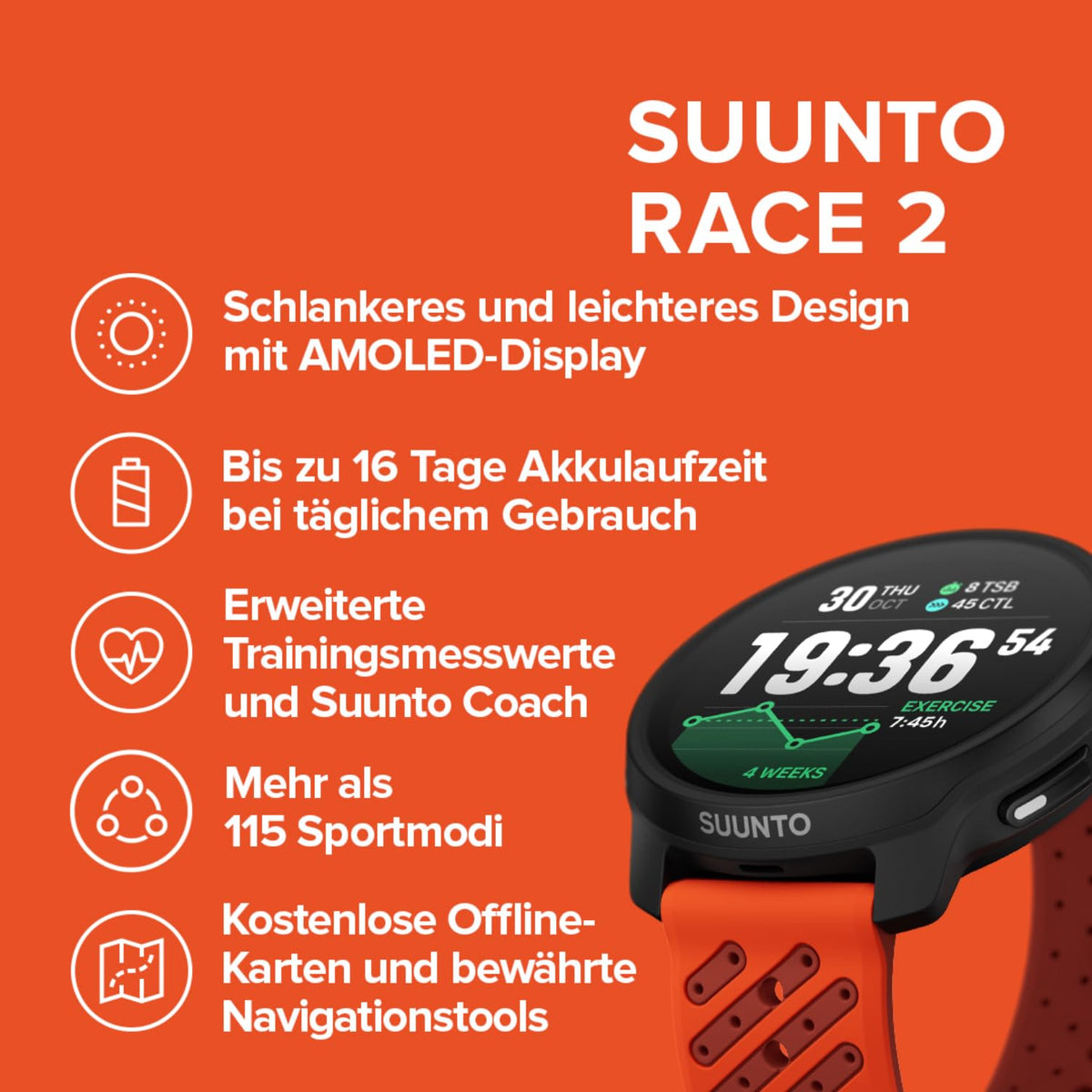 SUUNTO Race 2 GPS-Sportuhr, 1,5-Zoll-AMOLED-Display, 115+ Sportmodi