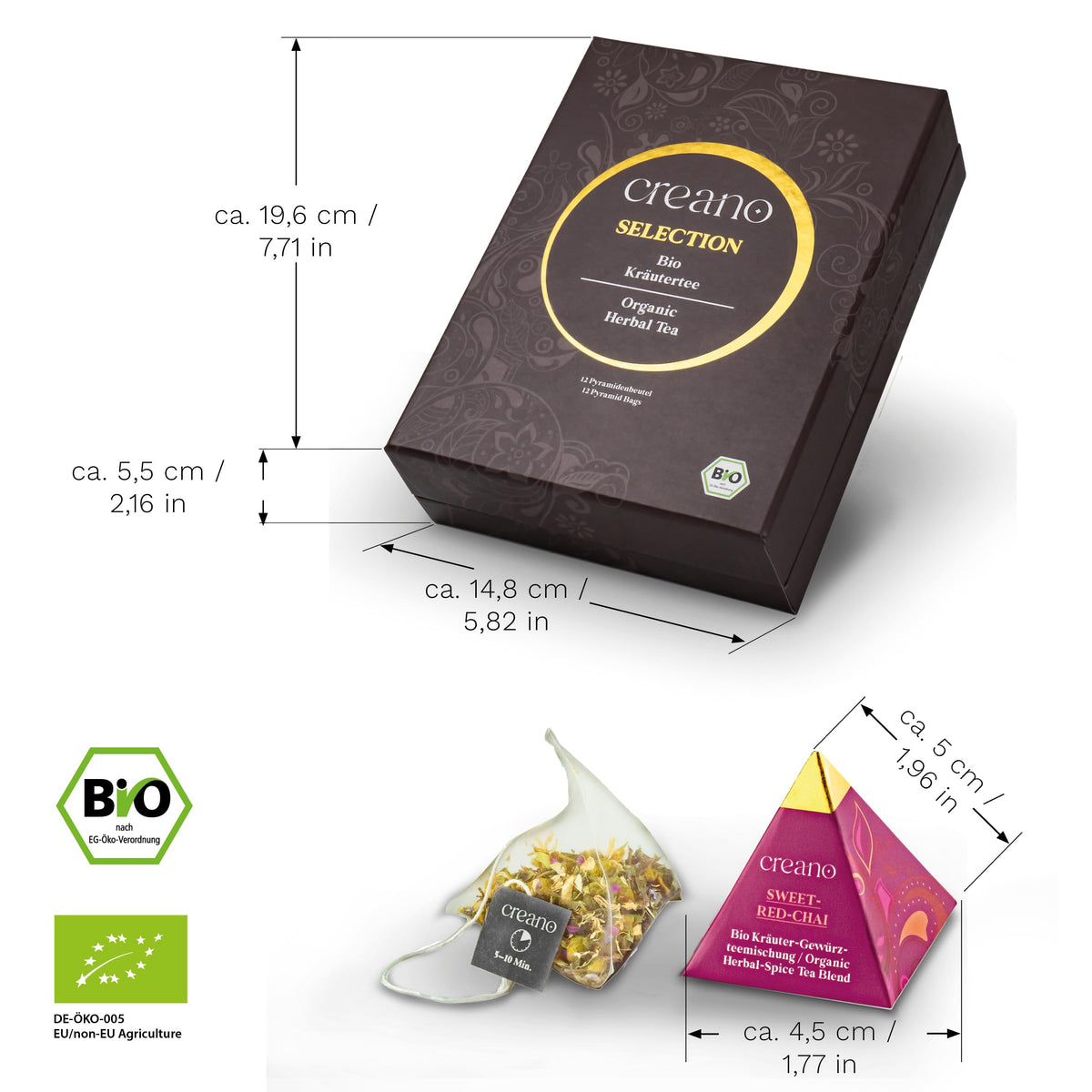 Creano Premium Bio Kräutertee Geschenkset „ORGANIC HERBAL TEA“ - 9 Pyramiden-Teebeutel in 9 unterschiedlichen Sorten - 22,5g - NEUHEIT 2024*