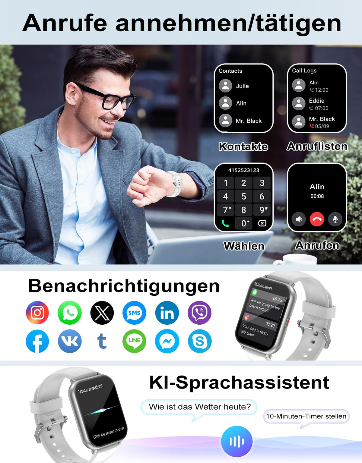 Smartwatch mit Telefonfunktion,Smartwatch für Damen Herren 1.85'' HD Screen